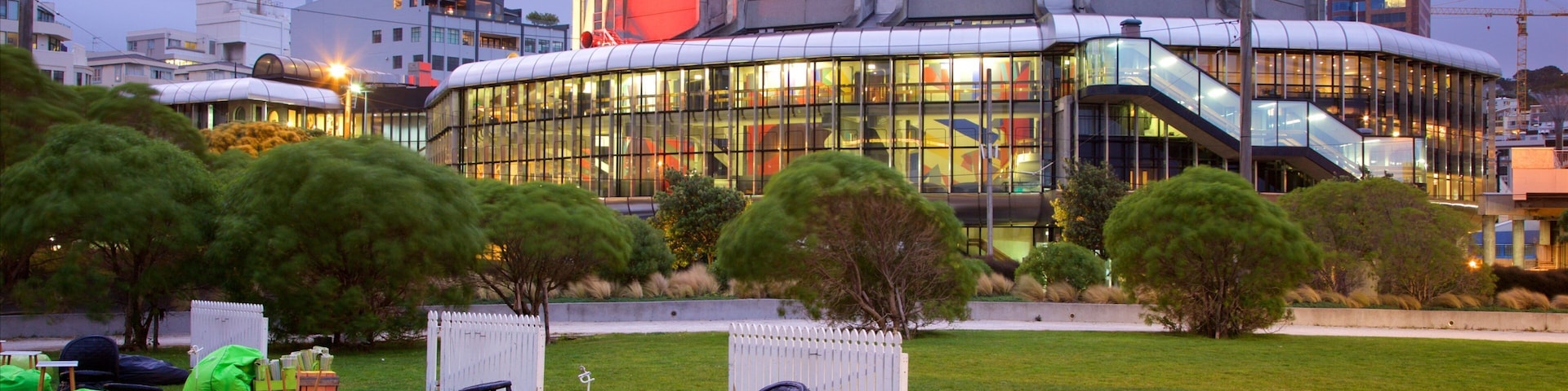Michael Fowler Centre featuring modern architecture, night scenes and a garden