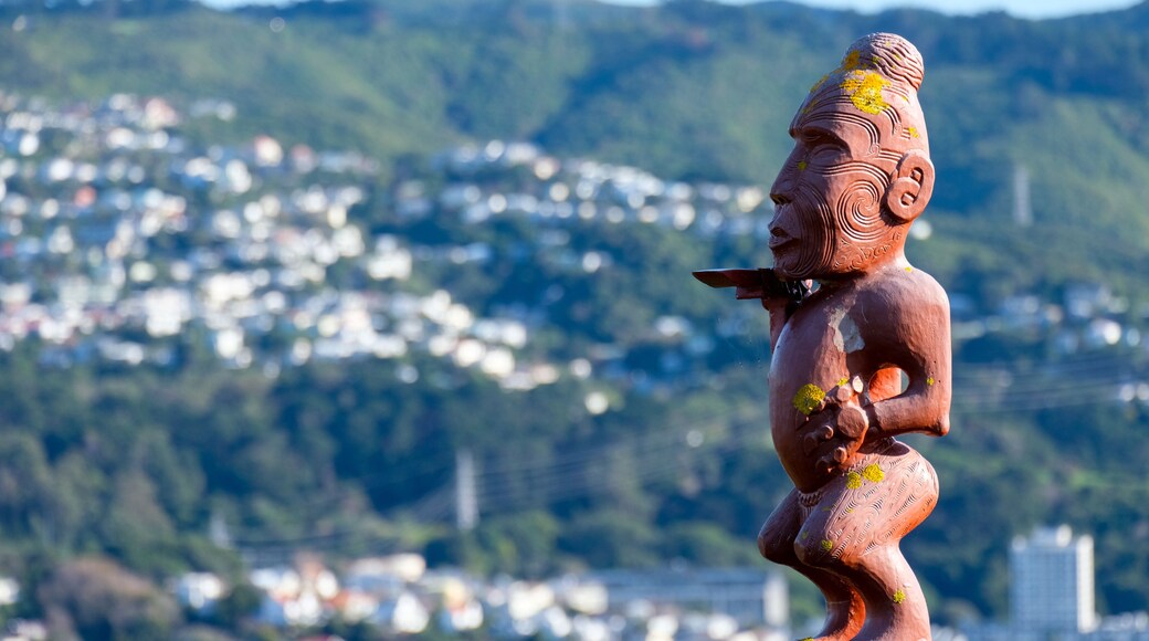 Māori pou intricate carved cultural monument sculpture on popular tourism landmark Mt Vic with residential houses in Capital Wellington, New Zealand Aotearoa, close up