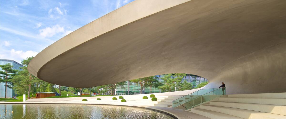 Volkswagen Autostadt Complex showing modern architecture and a lake or waterhole