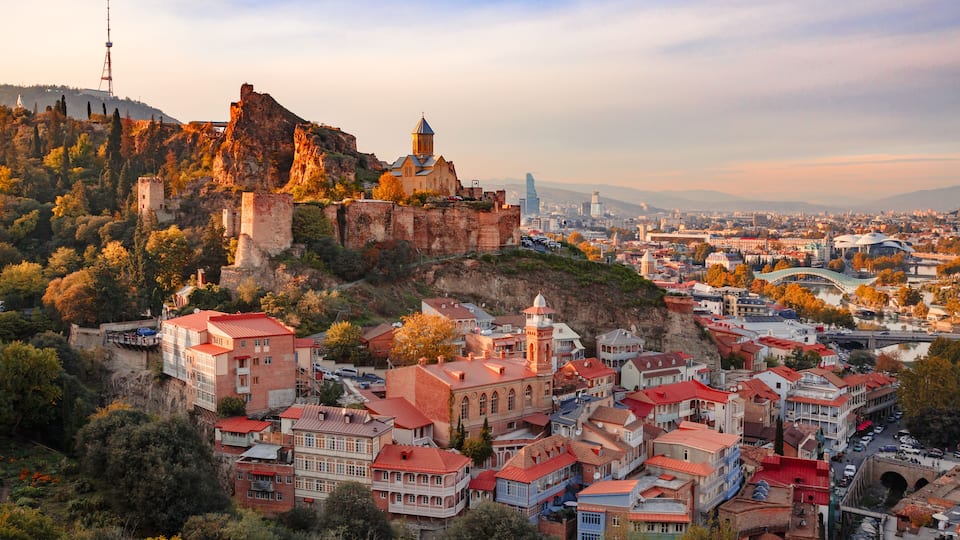 Beautiful sunset view of Old Tbilisi from the hill