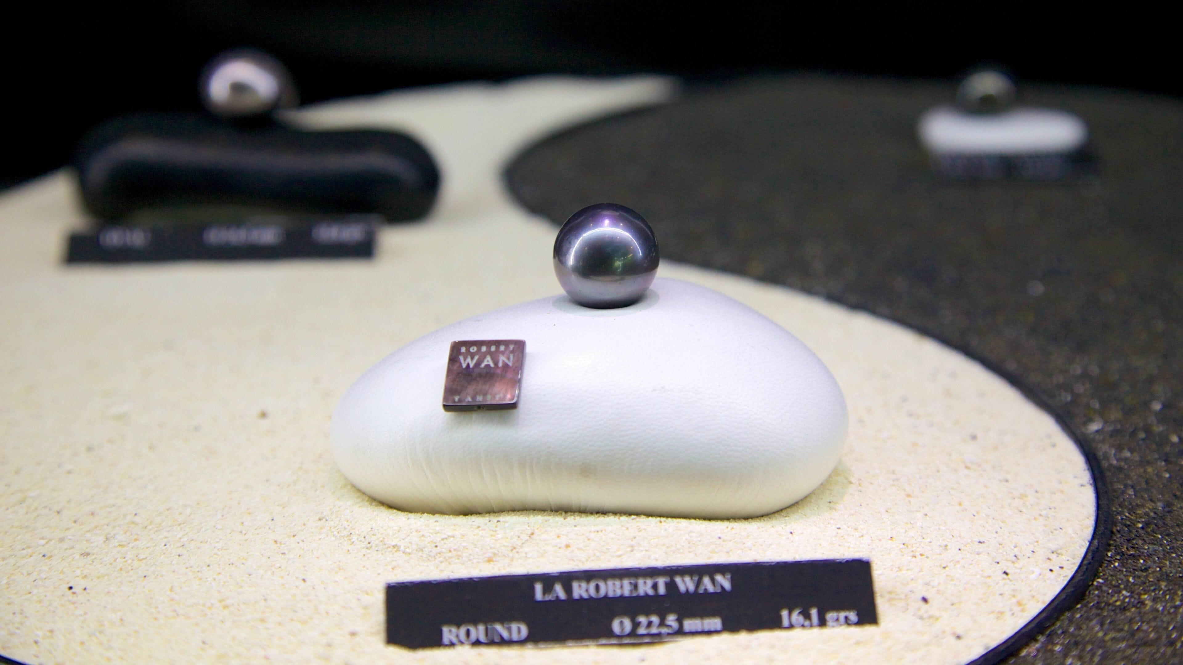 Een display met een golfbal voorzien van een label met de tekst 'LA ROBERT WAN ROUND 0.225 mm 16.1 grs'.