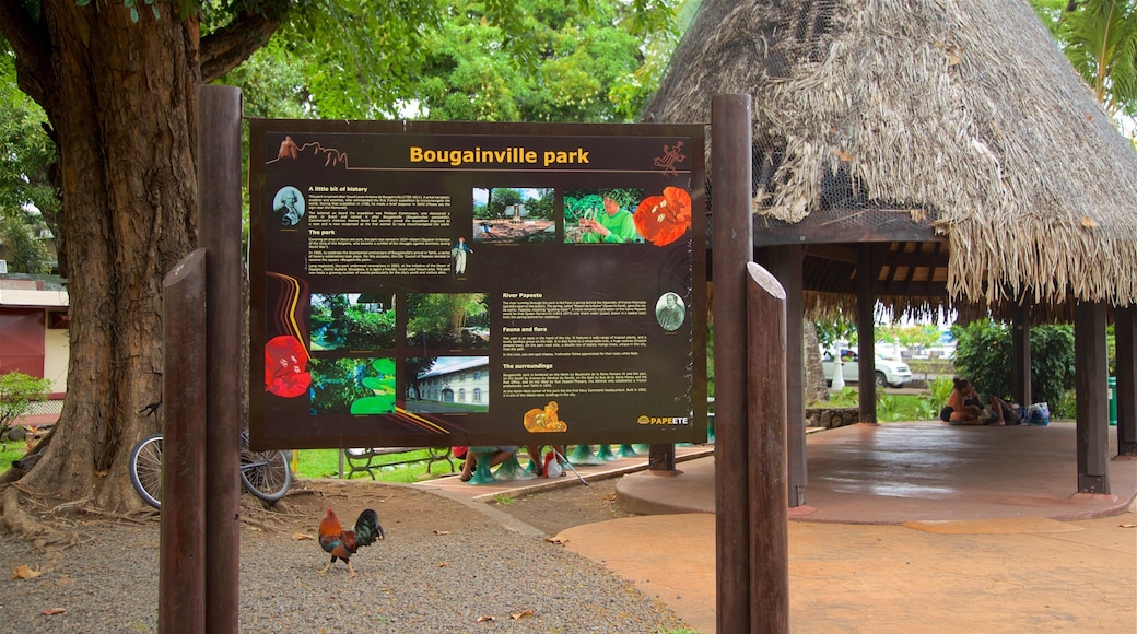 Parc Bougainville som inkluderer skilt og hage