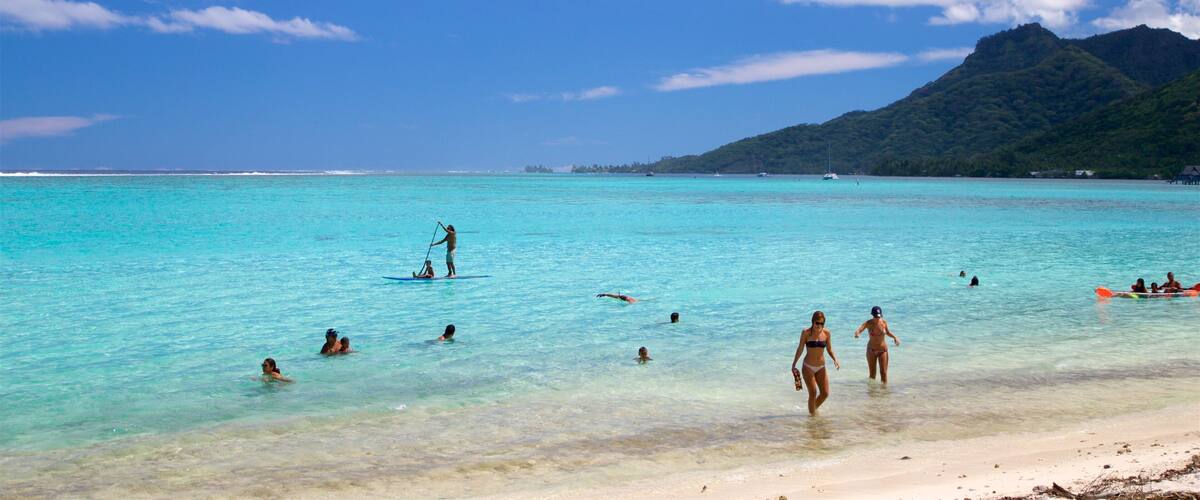 A turquoise sea with people swimming and paddleboarding, a sandy beach, and a mountain in the background.