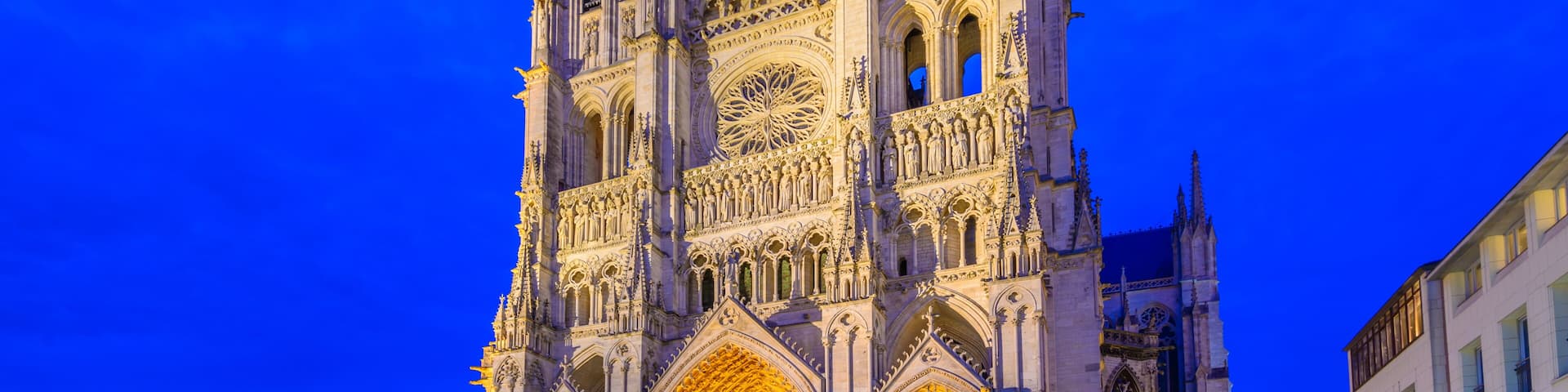 Notre-Dame of Amiens Cathedral. Vast, 13th-century Gothic edifice, famous for lavish decoration & carvings, with 2 unequal towers.