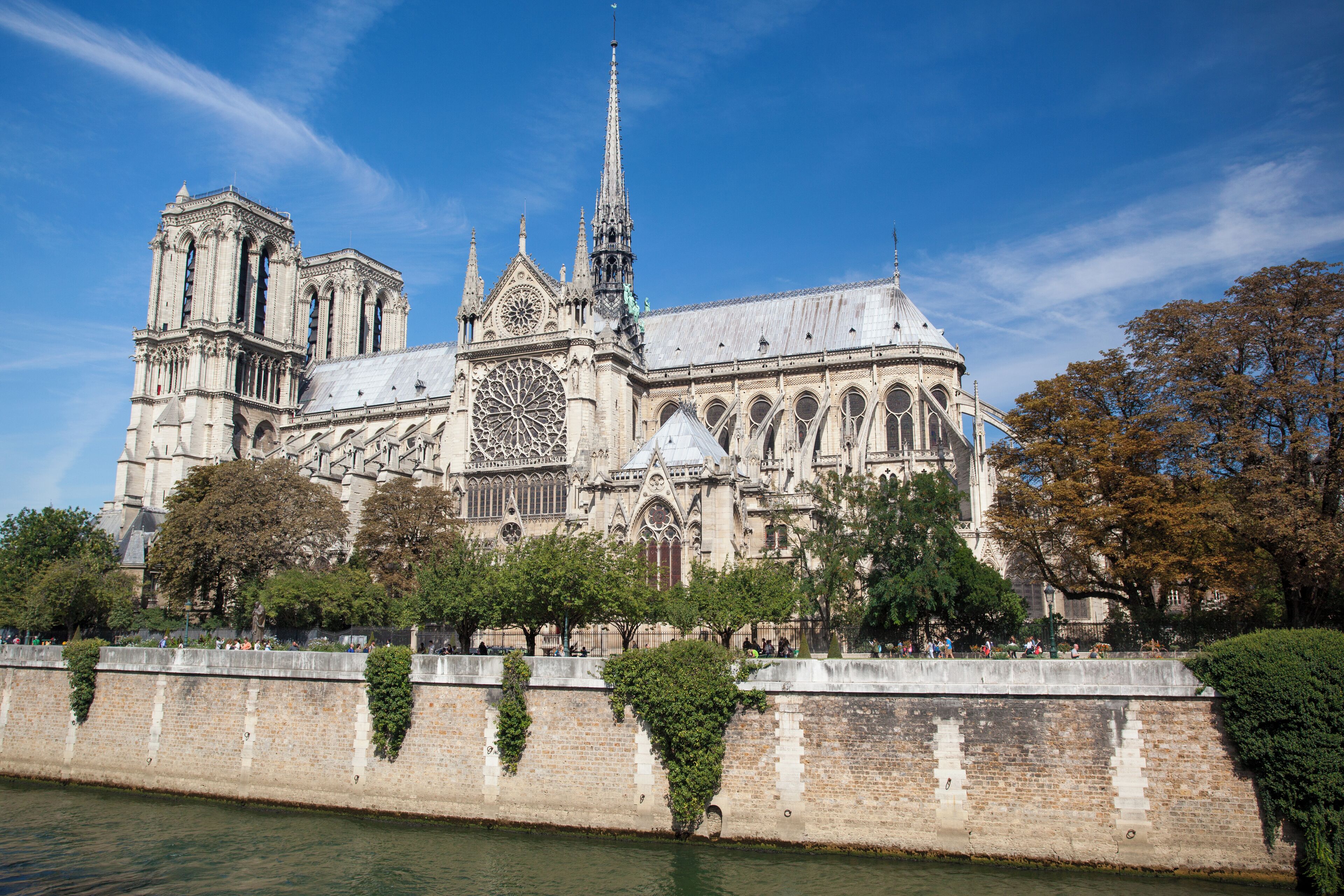 Notre-Dame Cathedral in Paris, France, with the Seine River in the foreground and trees lining the riverbank.