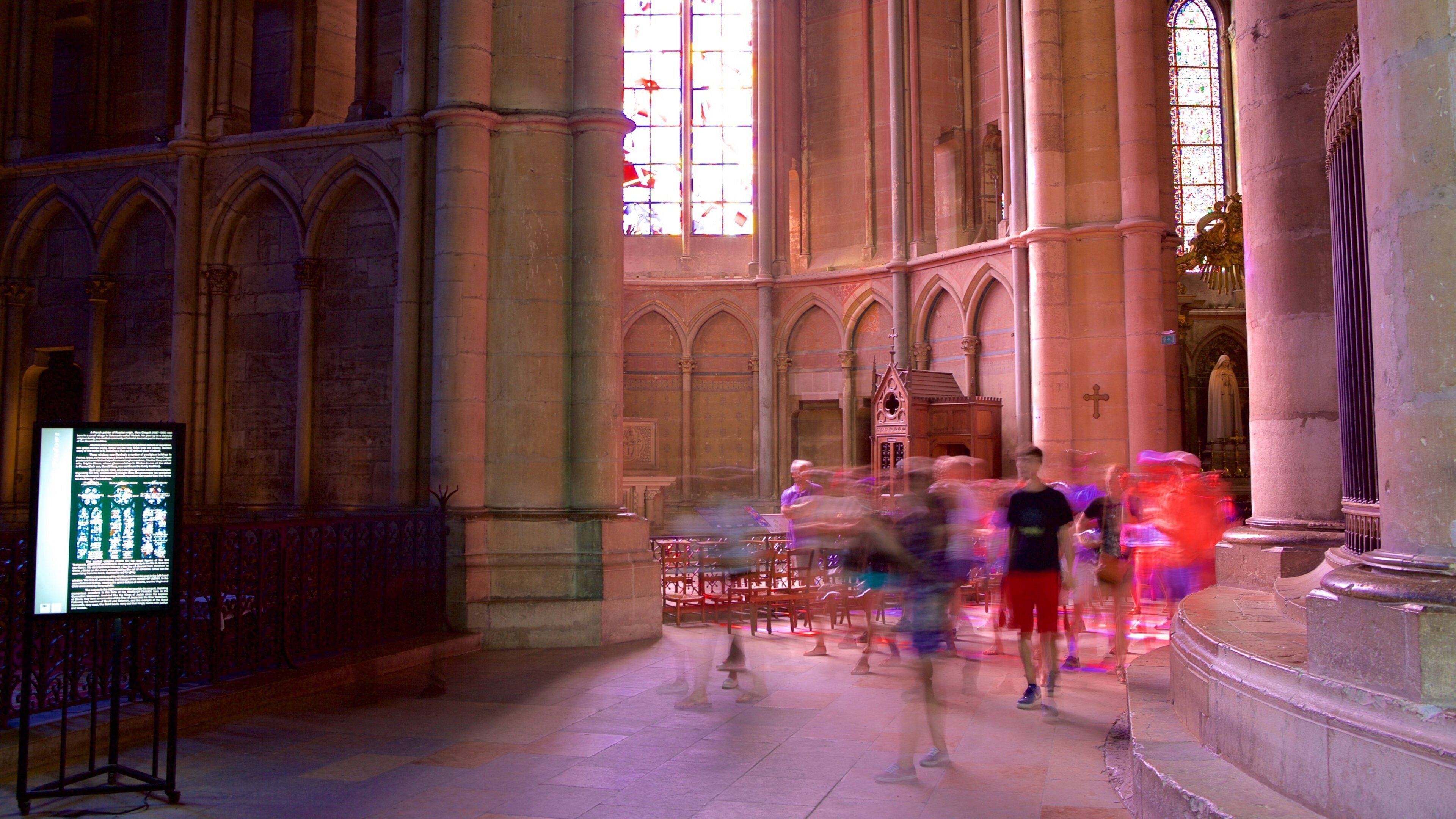 Reims Cathedral which includes heritage elements, a church or cathedral and interior views
