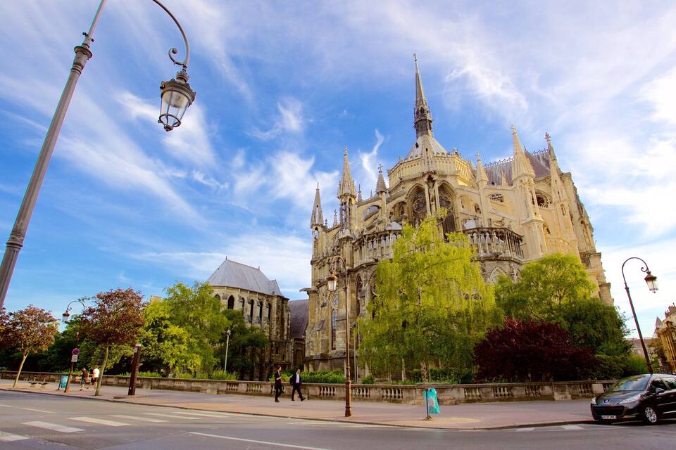 Una catedral històrica d'arquitectura complexa, envoltada d'arbres i un cel blau clar.