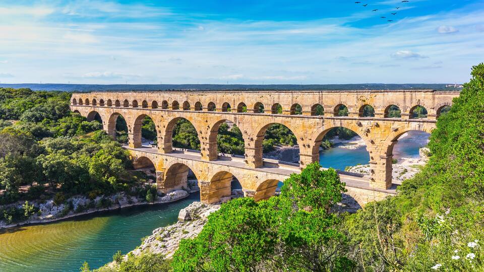 Three-tiered aqueduct Pont du Gard and natural park