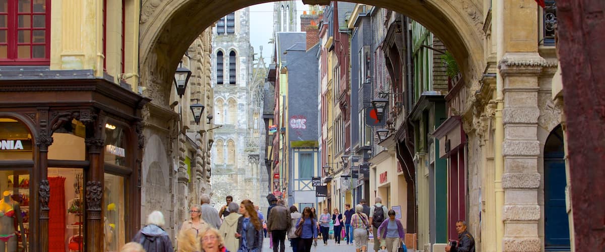 A cobblestone street with historic buildings and an archway.