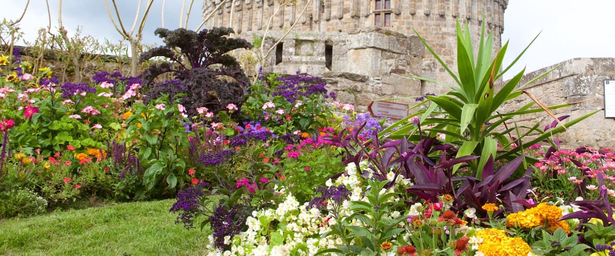Chateau de Dinan mostrando patrimonio de arquitectura, un parque y flores