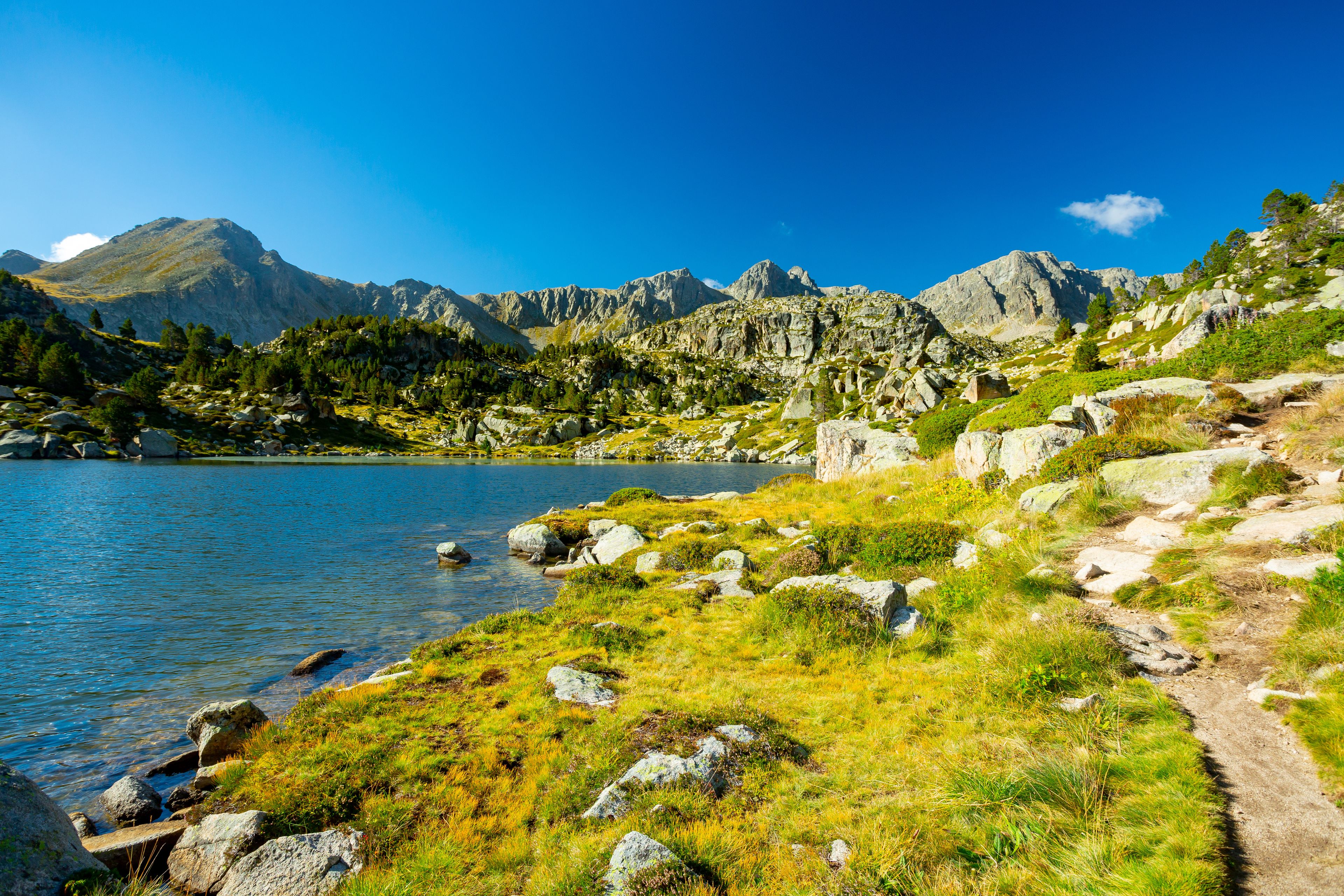 Un lago de montaña con costas rocosas y un cielo azul despejado.