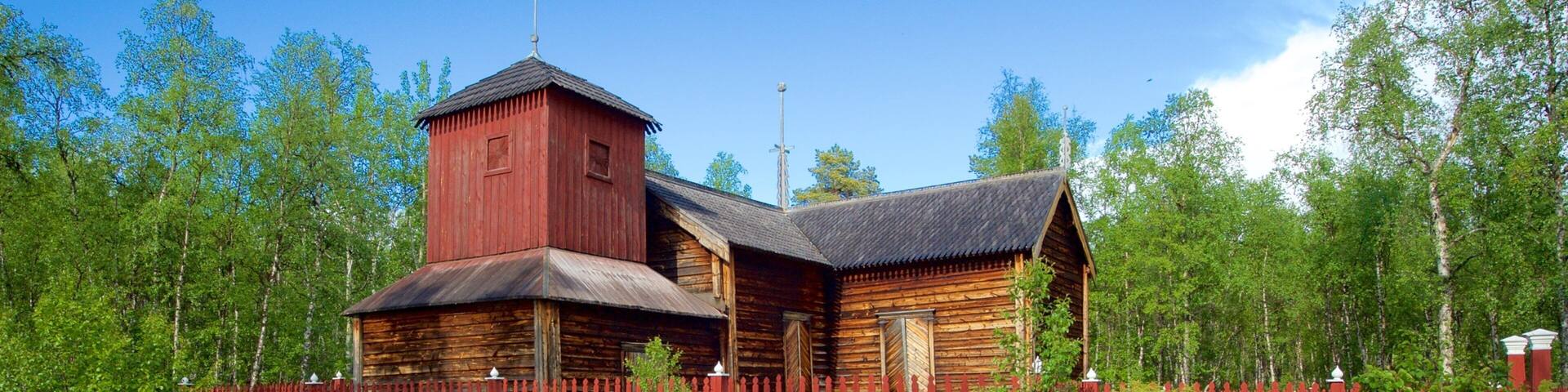 Pielpajarvi Wilderness Church which includes heritage elements, a church or cathedral and tranquil scenes