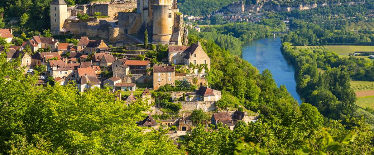 A historic castle surrounded by a town, a river, and lush greenery.