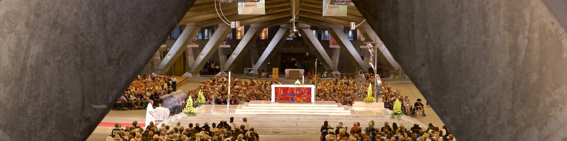 Basilica of St. Pius X showing a church or cathedral and interior views as well as a large group of people