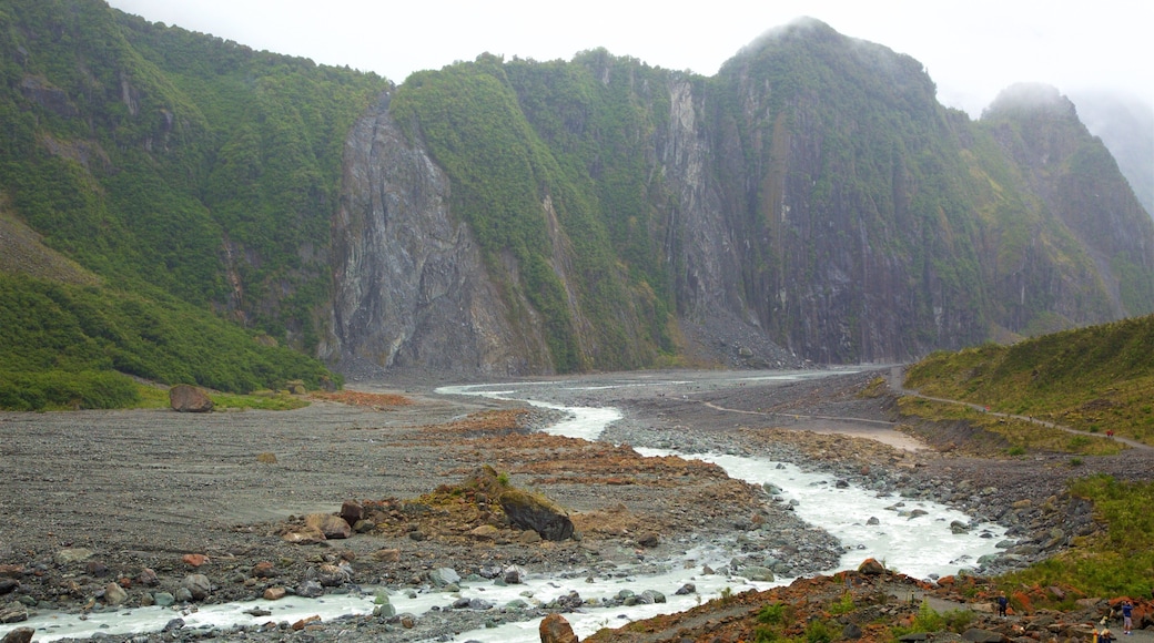 Fox Glacier showing mountains, mist or fog and forests