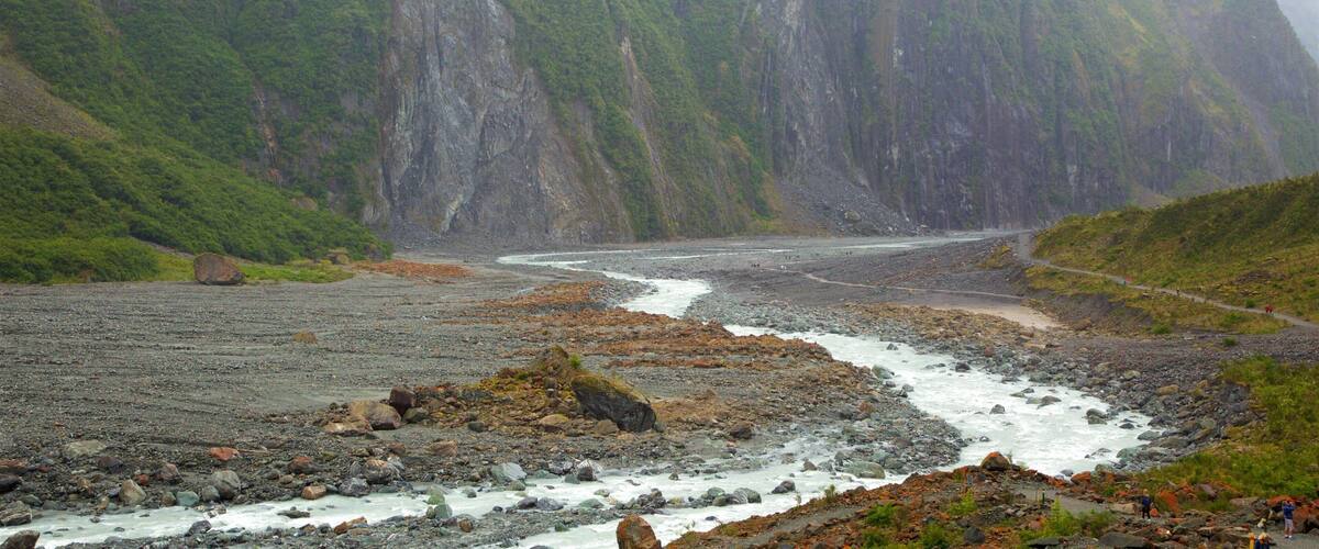 Fox Glacier toont bos, een rivier of beek en bergen