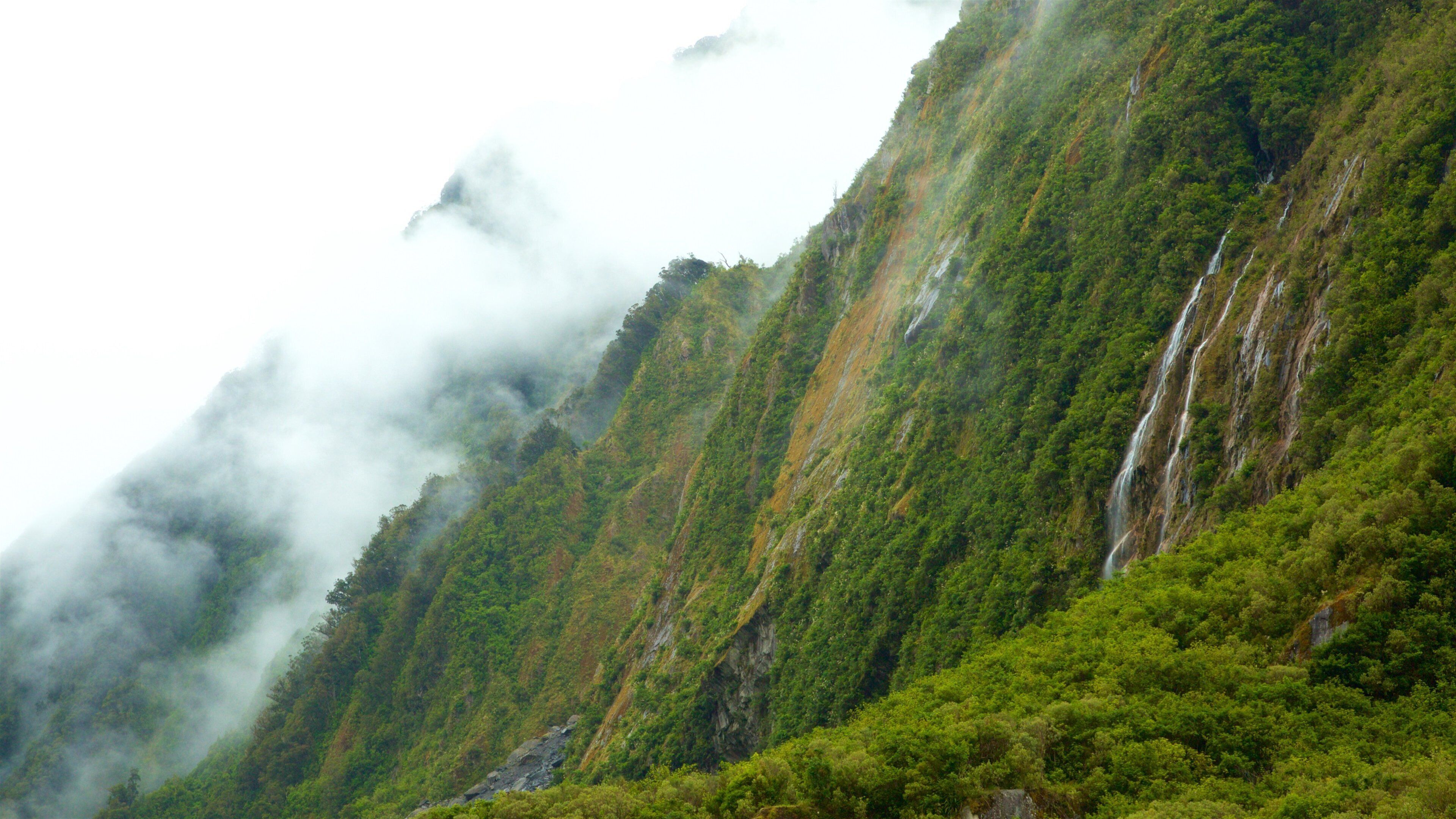 Fox Glacier ofreciendo montañas, una cascada y neblina o niebla
