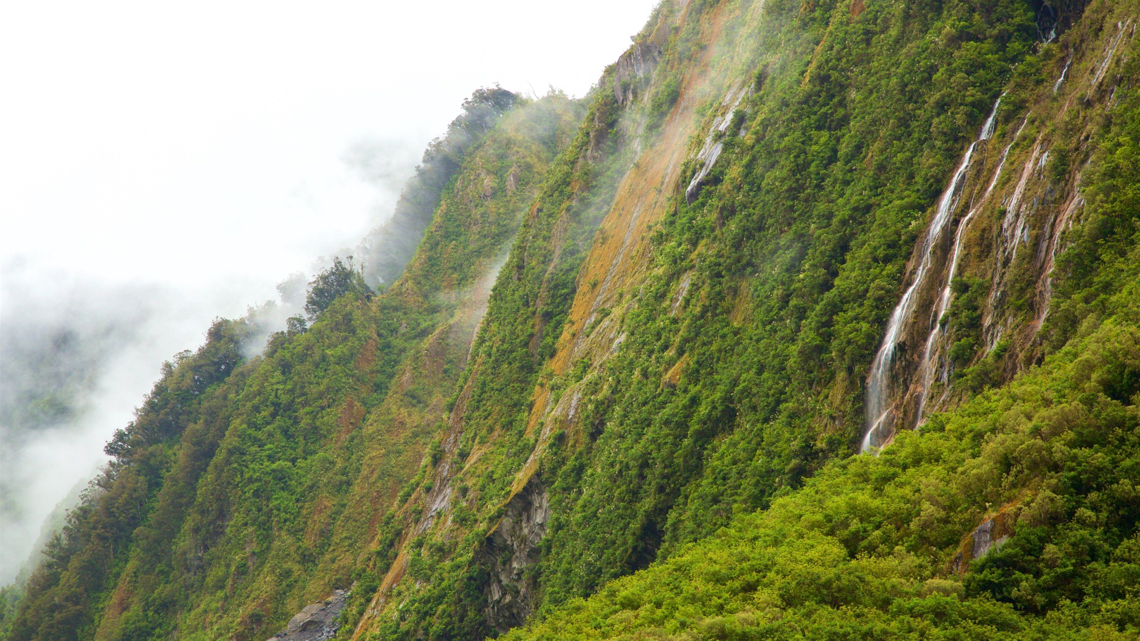 Fox Glacier featuring mist or fog, a waterfall and mountains