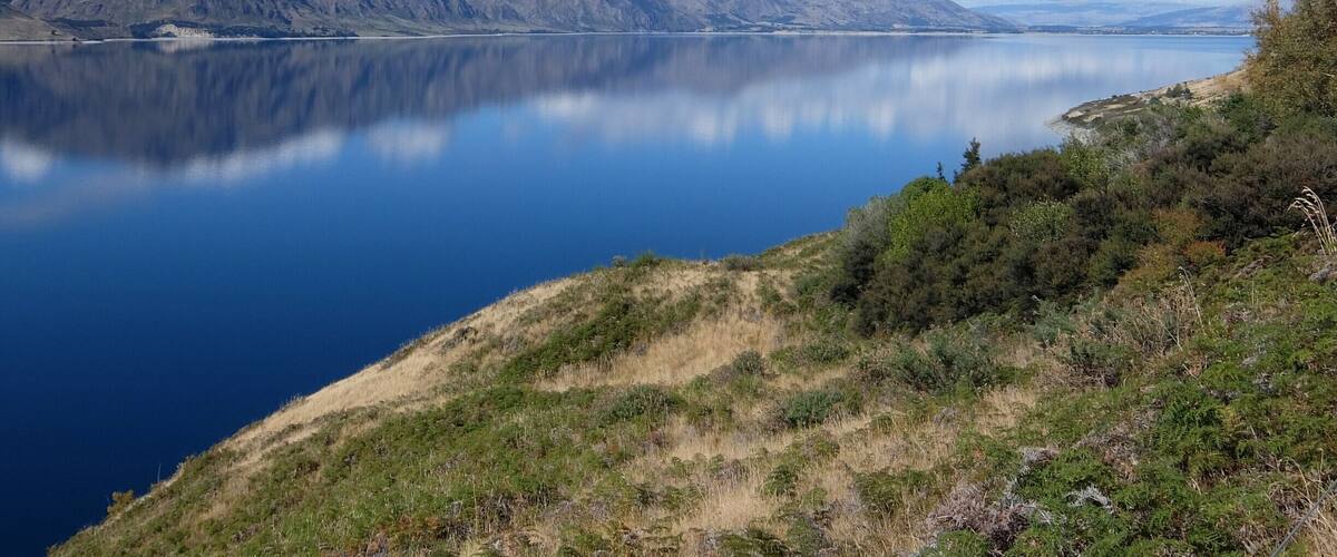 A calm lake with mountains in the background and a grassy hill in the foreground.