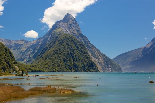 Mitre Peak featuring a lake or waterhole and mountains