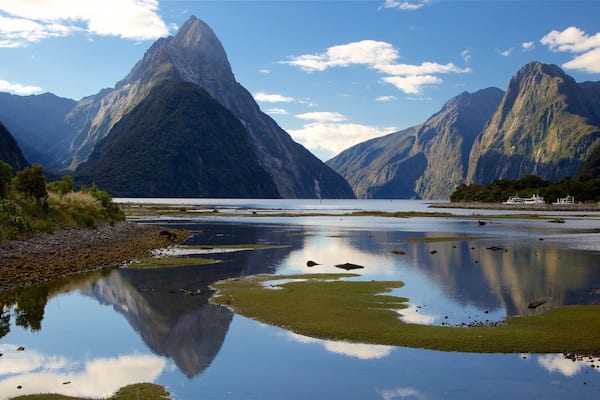 Mitre Peak das einen Berge, Bucht oder Hafen und Steinstrand