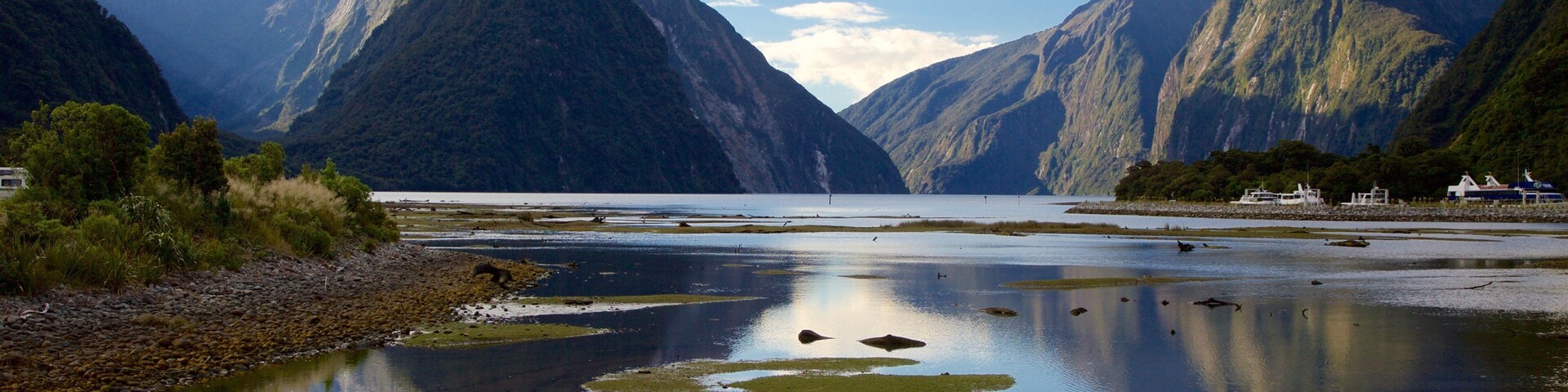 Mitre Peak , Nueva Zelanda ofreciendo una playa de piedras, una bahía o un puerto y montañas