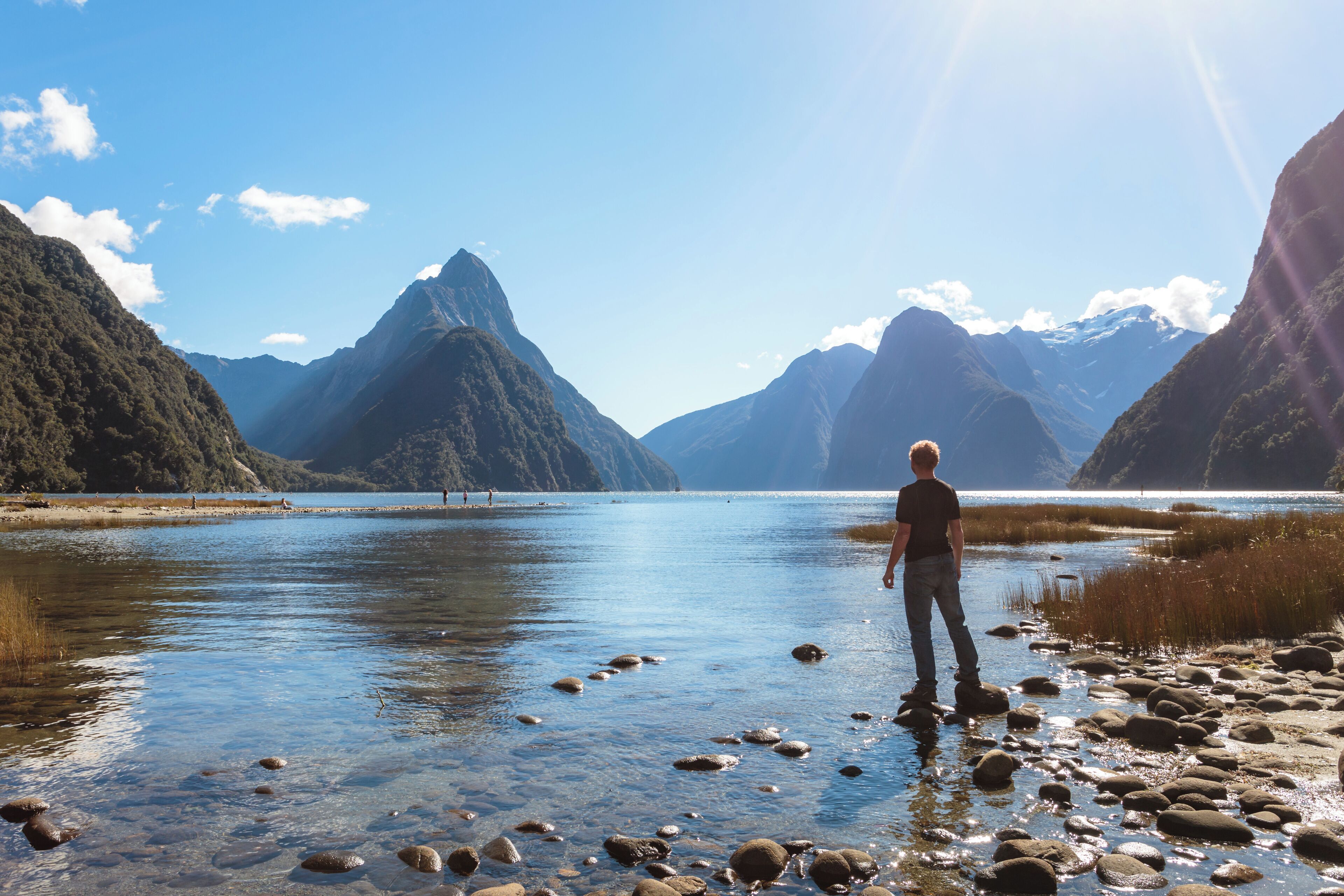 Man on the shore, Milford sound, New Zealand