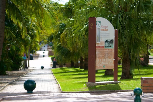 A pathway lined with palm trees and a signboard with historical information.