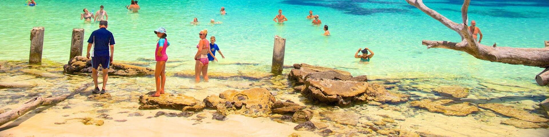 Kanumera Beach featuring rocky coastline and swimming as well as a large group of people