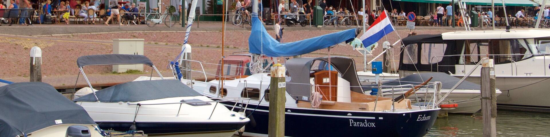 Volendam Harbour showing a coastal town, a bay or harbor and boating
