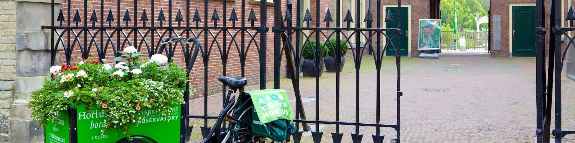 A bicycle with a green basket filled with flowers parked in front of a gate with the word "LEIDEN" on it.