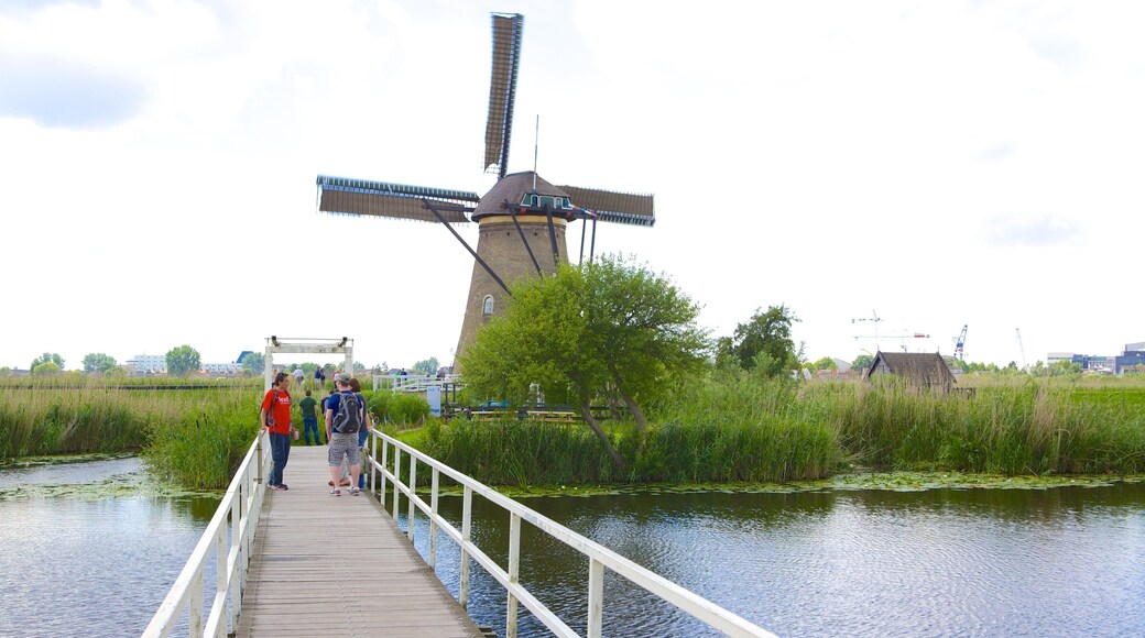 Kinderdijk showing a bridge, a windmill and wetlands