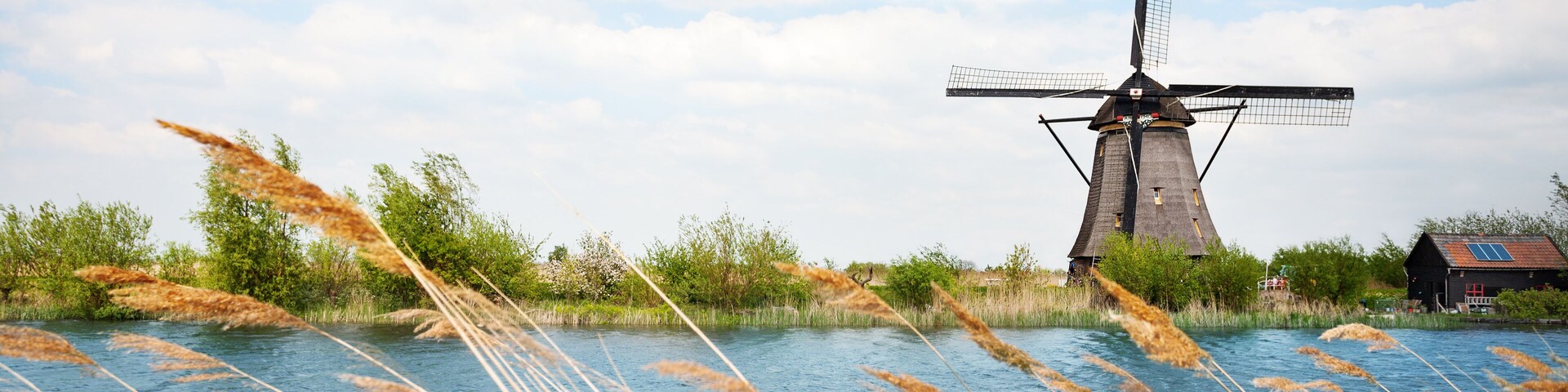 View of the windmill in Holland over arrogation channel at spring season