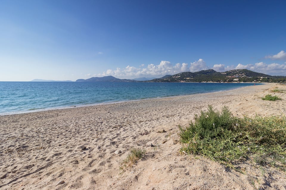 Uma praia arenosa com águas azul-claras, vegetação verde e colinas ao longe.