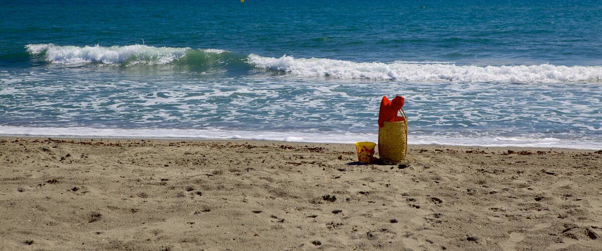 A beach with a fire hydrant, waves, and a clear sky.