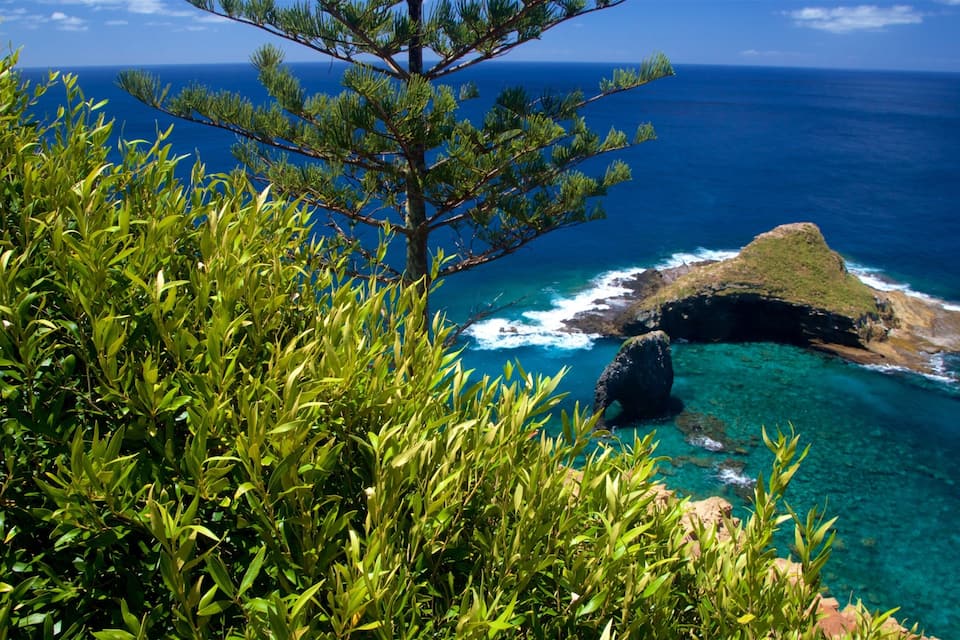 A coastal landscape with lush greenery, a prominent rock formation, and clear blue waters.