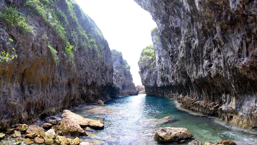 Eine schmale Schlucht, durch die ein Fluss fließt, umgeben von steilen Felswänden.