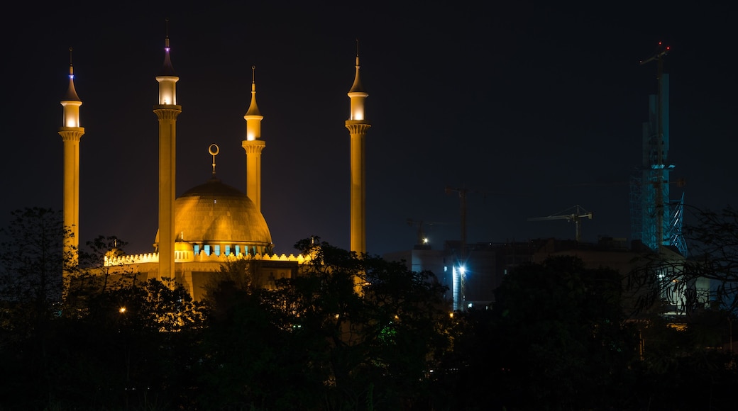 The National Mosque of Abuja illuminated during the night