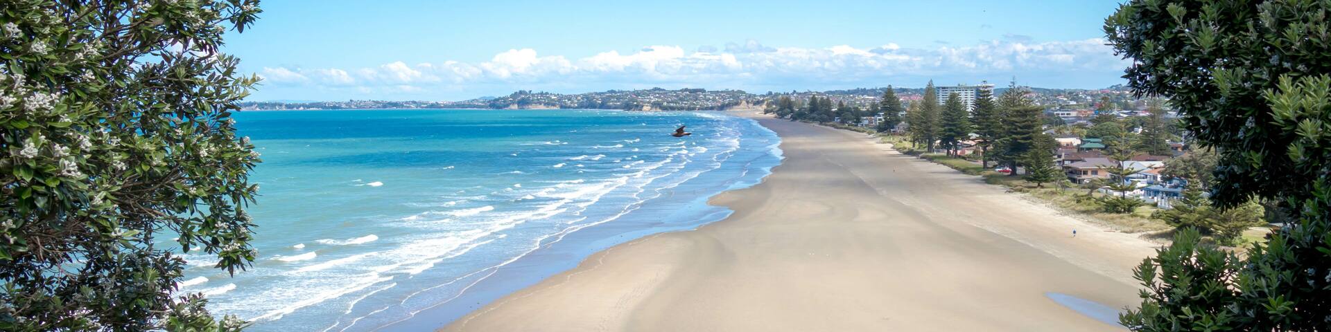 A wide sandy beach with clear blue water, surrounded by greenery and buildings in the distance.