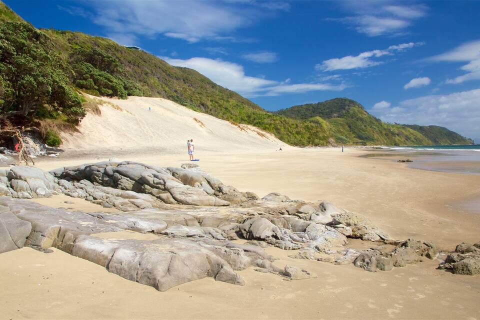 A beach with rocky foreground, sandy shore, and a forested hillside.