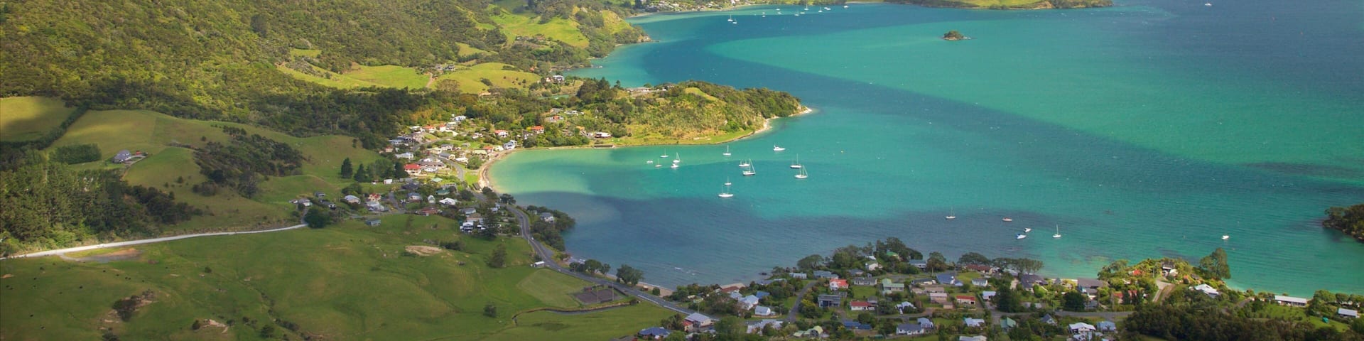 Mount Manaia featuring a bay or harbor, a coastal town and mountains