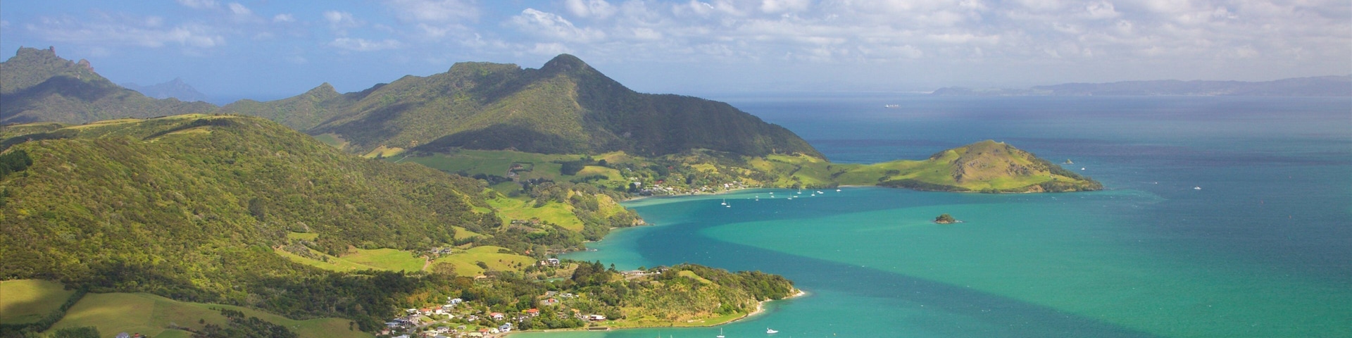 Mount Manaia ofreciendo una bahía o un puerto, montañas y una localidad costera