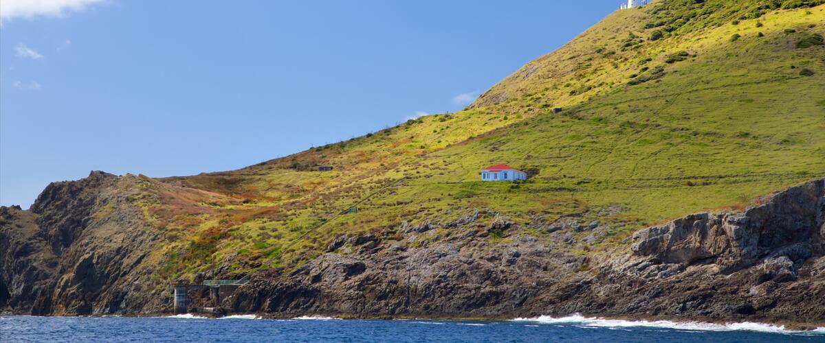 Cape Brett Lighthouse showing rugged coastline, a lighthouse and a bay or harbour