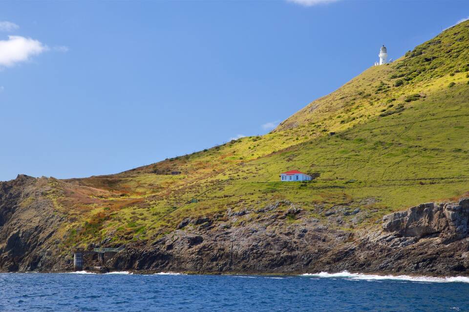 A coastal landscape with a lighthouse on a hill, a small white building with a red roof, and rocky cliffs.