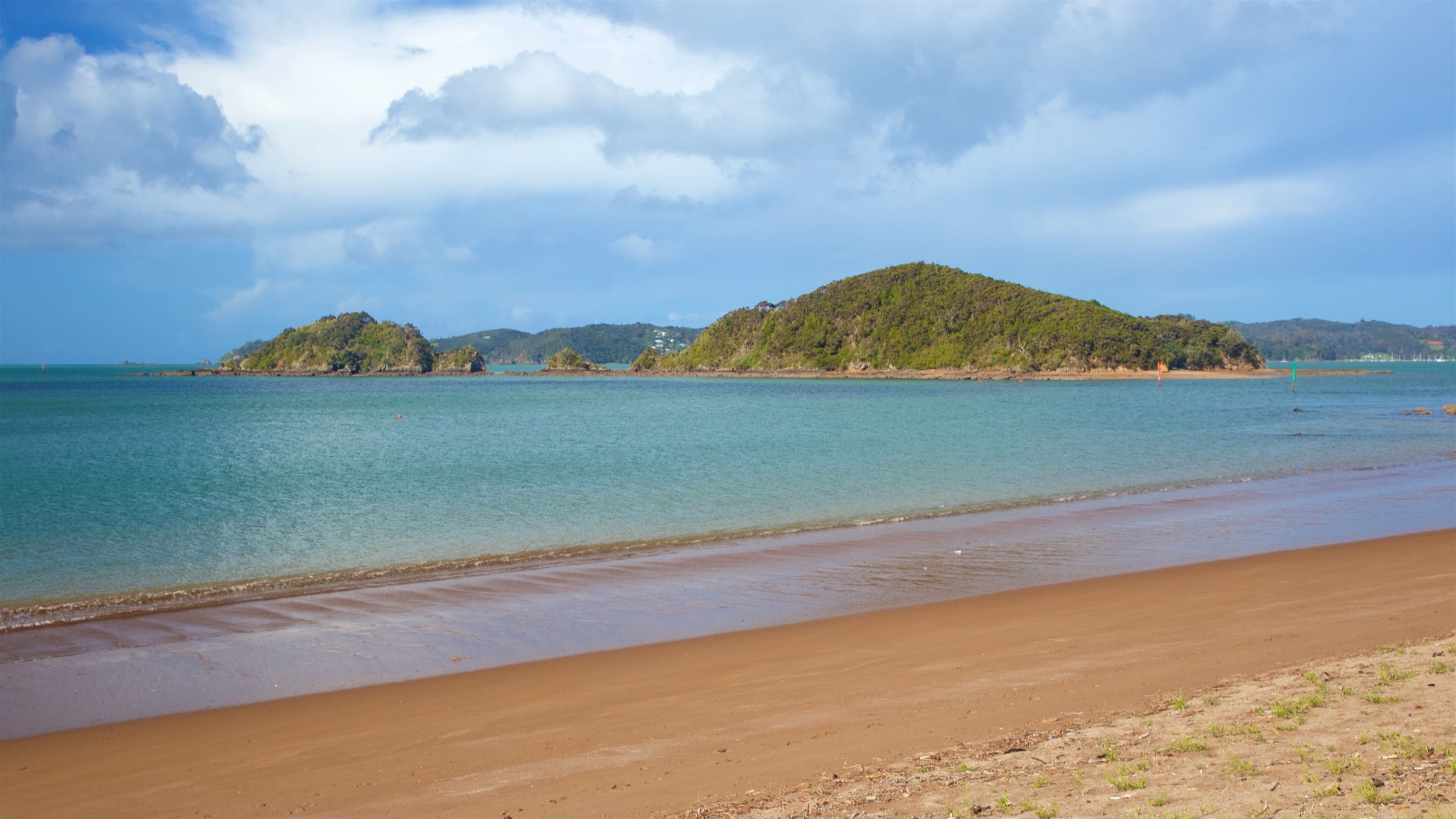 Paihia Beach which includes island images, a sandy beach and general coastal views