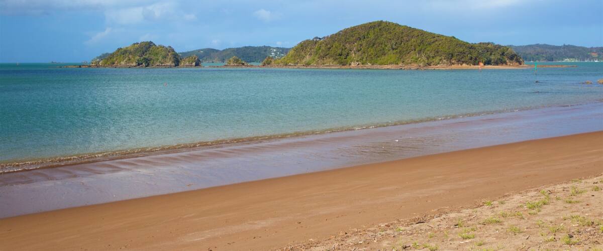Paihia Beach which includes island images, a sandy beach and general coastal views