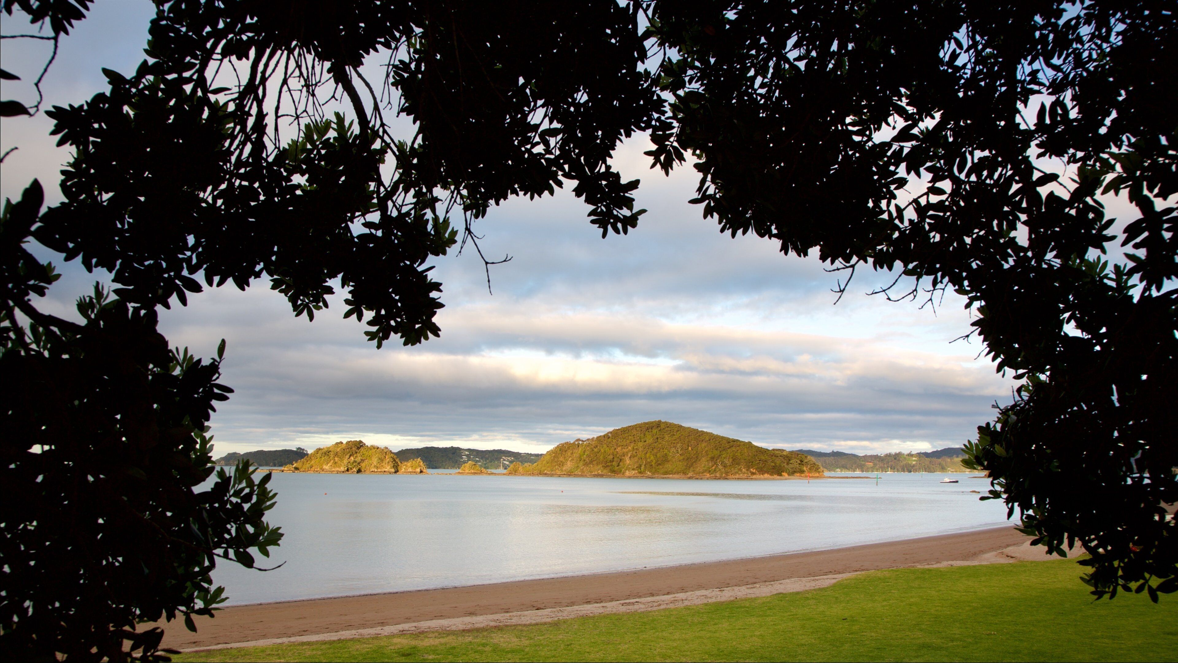 Plage de Paihia montrant coucher de soleil, plage de sable et baie ou port