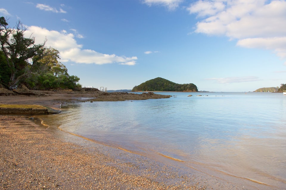 A calm beach with pebbles, a small island, and a boat in the distance.