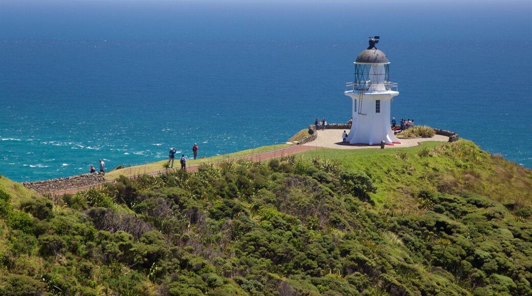 Cape Reinga-fyret som omfatter et fyrtårn, udsigt over kystområde og udsigt