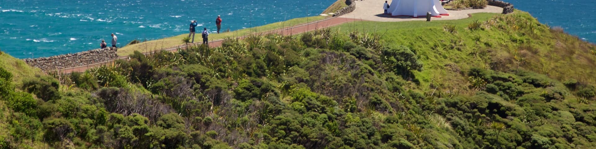 A lighthouse on a grassy hill overlooking the ocean.